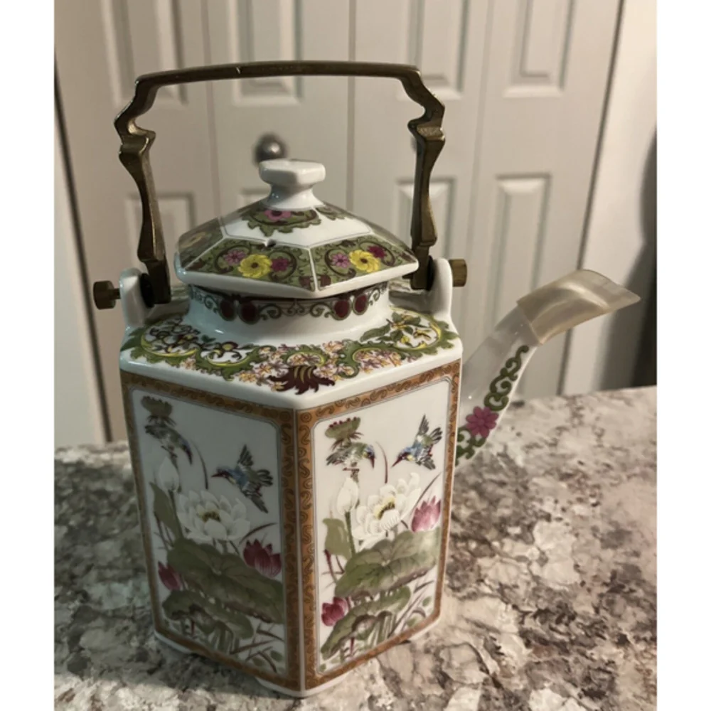 Vintage Japanese‎ Toyo Ming Lotus Hexagon Floral Tea Kettle W/Brass Handle VGUC